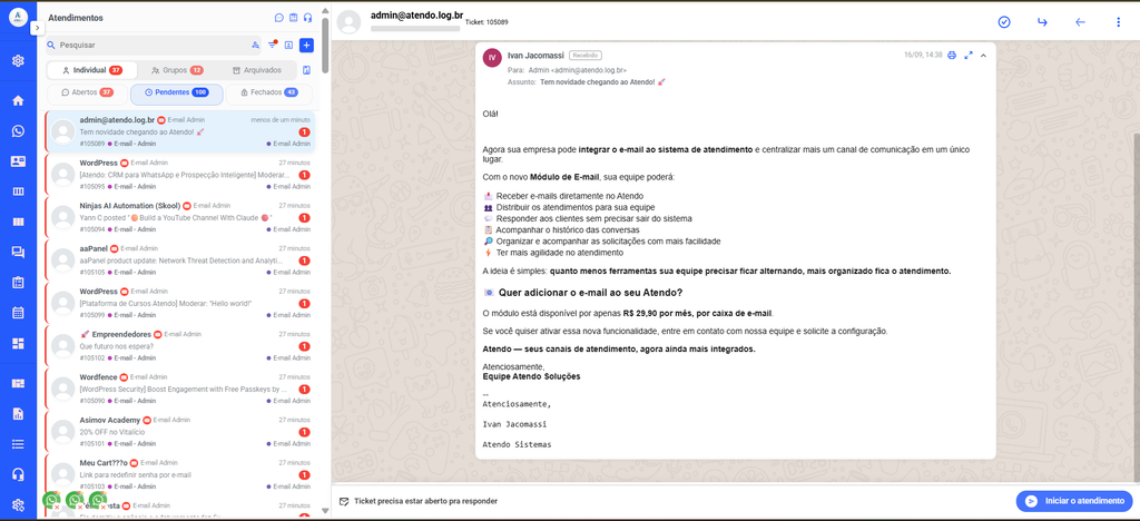 Caixa de entrada de e-mails do Atendo